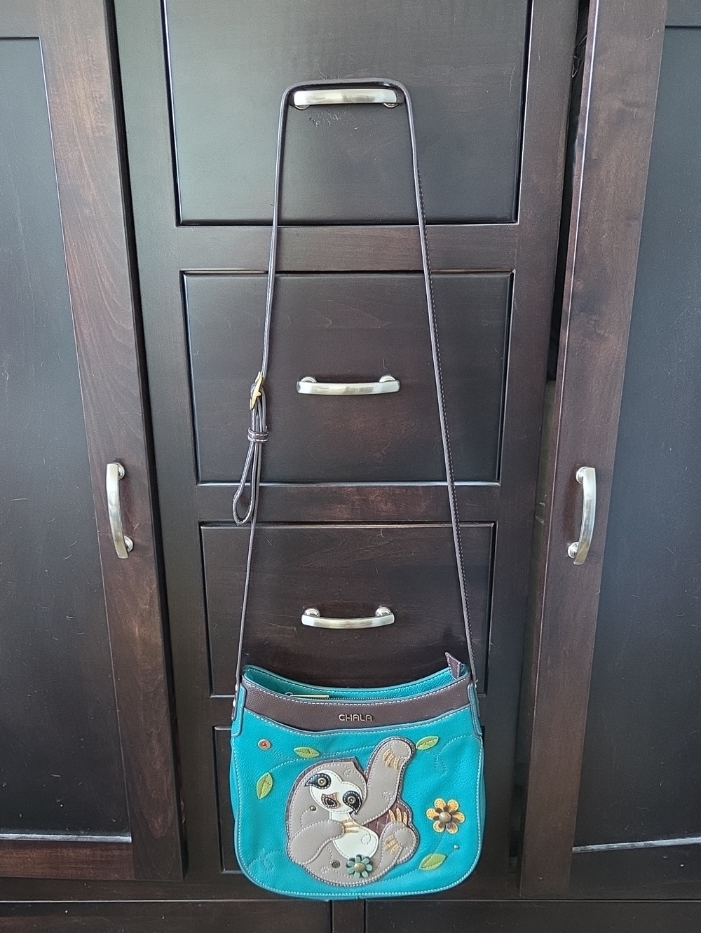 CHALA Sloth Crescent Crossbody Handbag - Turquoise Teal Vegan Leather